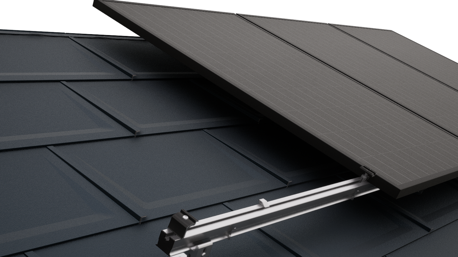 Close-up of a PREFA roof with PV modules fastened using the PREVARIO solar panel mounting system.
