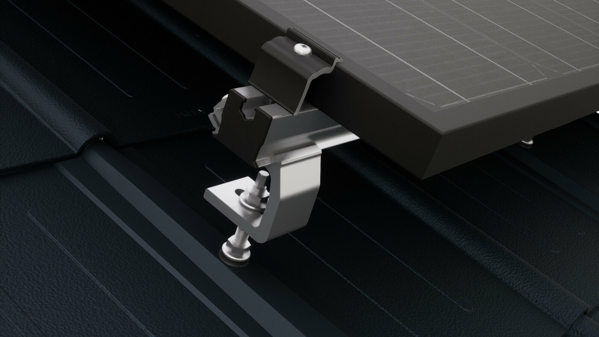 Close-up of the PREVARIO Sunny Special solar bracket mounted on the PREFA roof tile, which supports the profile rail. The solar module was fastened to the profile rail using the PREVARIO end clamp.