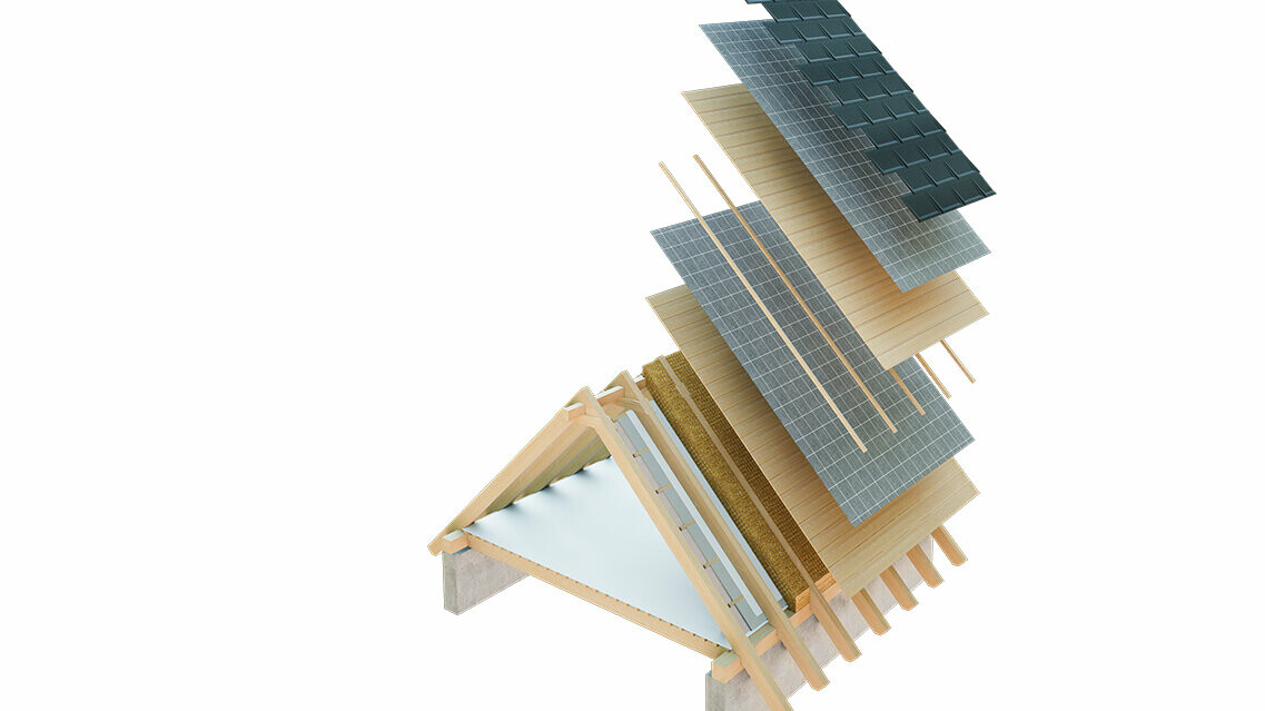 Technical drawing of a cold roof structure, multi-skin roof structure with battens, full casing, separation layer, truss; attic can be used as living space; double-skin roof structure, ventilated roof construction; counter battens
