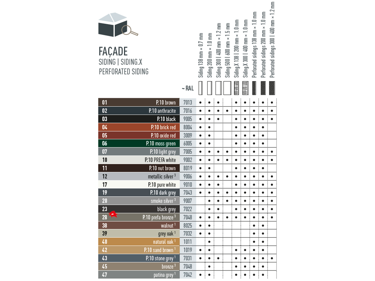 Colour table chart showing what colours PREFA Siding and Siding.X are available in. PREFA Siding and Siding.X are available in various P.10 and standard colours.