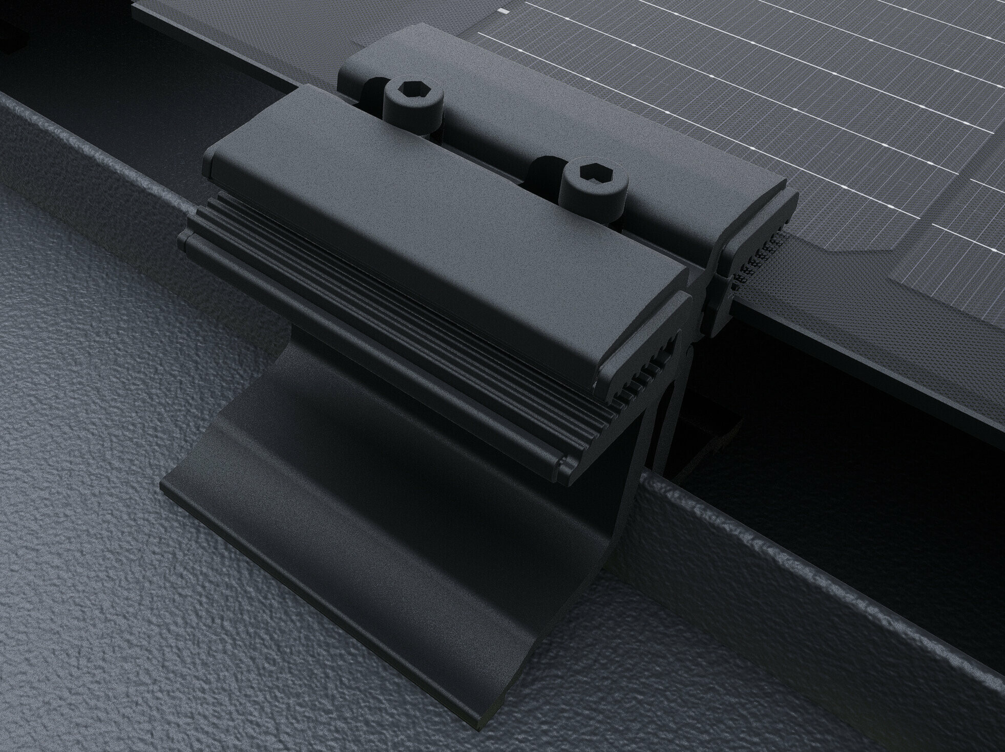 Close-up of the PREFALZ solar panel with black middle clamps. The panels are installed directly on the seams on the PREFALZ roof system. 