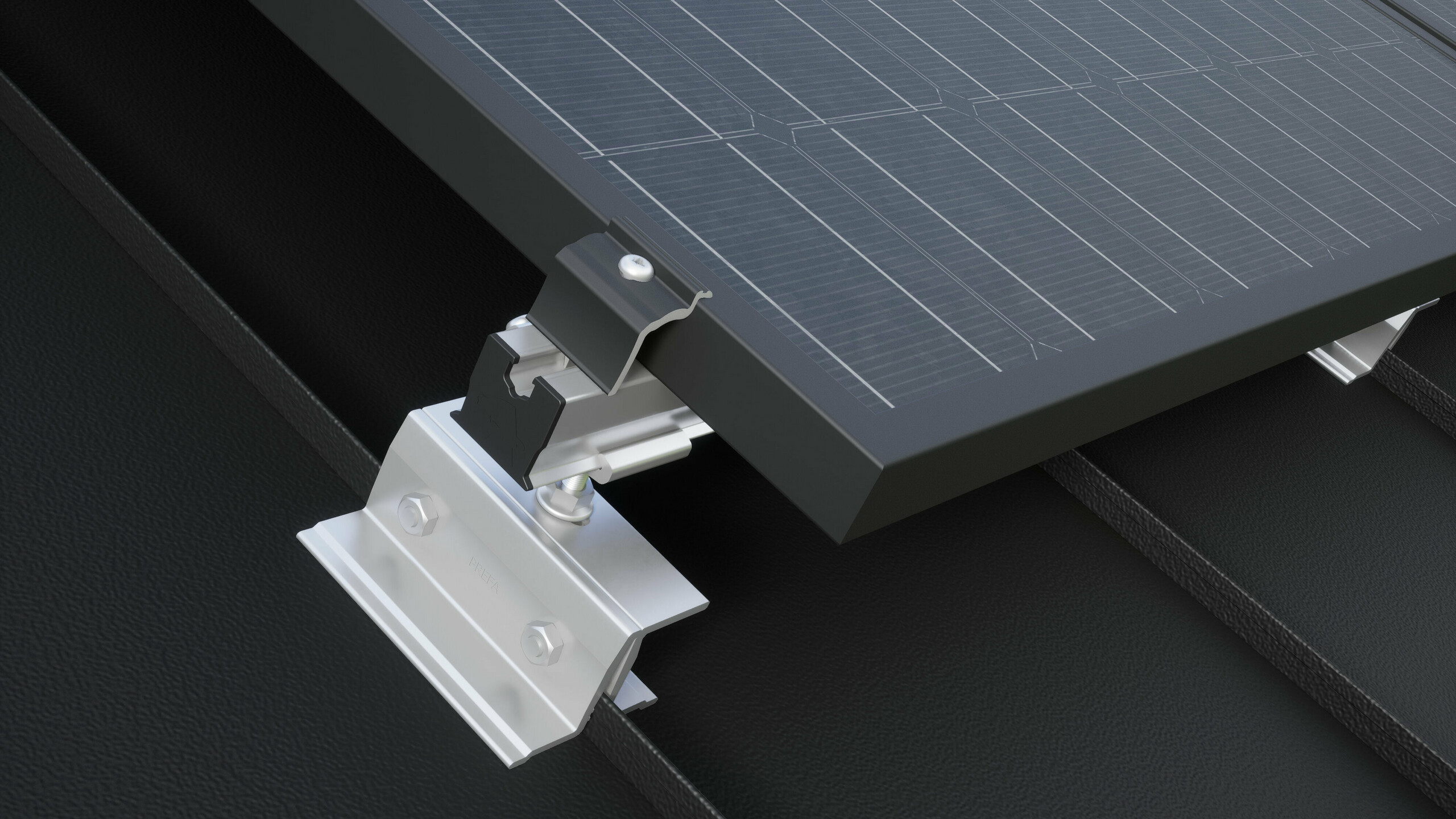 Close-up of the PREVARIO PREFALZ solar bracket mounted on a dark PREFA roof, which supports the profile rail. The solar module was fastened to the profile rail using the PREVARIO end clamp.