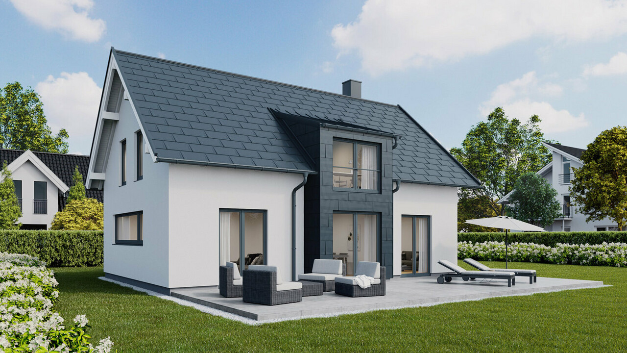 Single-family house with pitched roof with PREFA R.16 roof panels and FX.12 façade panels in P.10 anthracite 