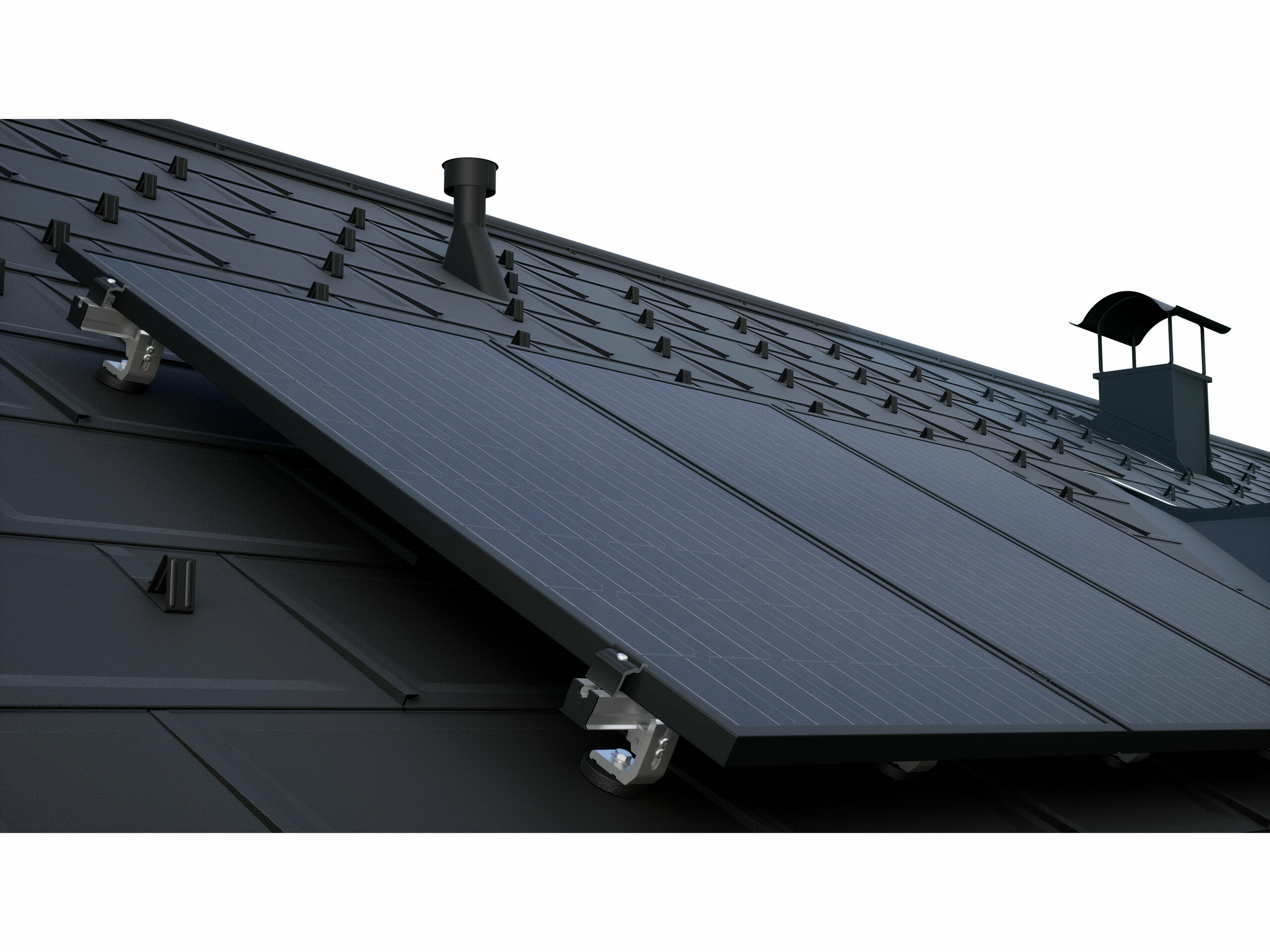 PV modules mounted with the PREVARIO solar panel mounting system on a dark PREFA roof with R.16 roof tiles.