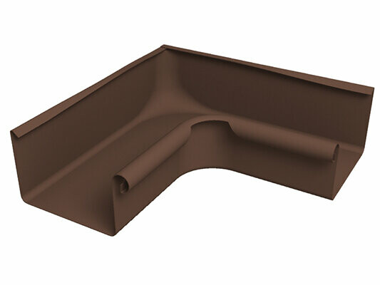 The image shows a brown PREFA box gutter corner 90° internal made from robust aluminium. This durable gutter accessory enables a clean and tight connection between box gutters at internal corners and supports reliable roof drainage. The internal corner is available in gutter sizes 250, 333, 400 and 500.